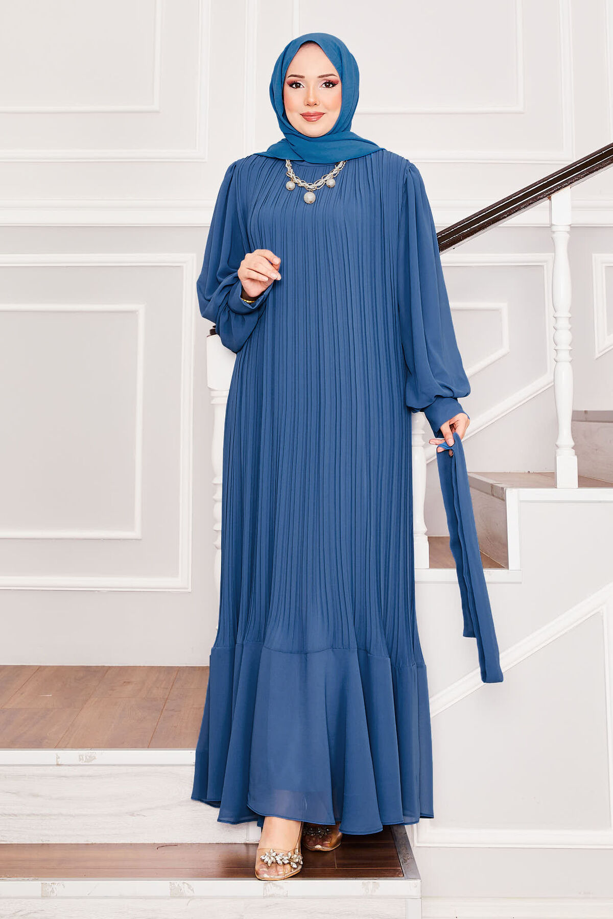 Organza Sleeve Modest Evening Dress Indigo - الصورة 3