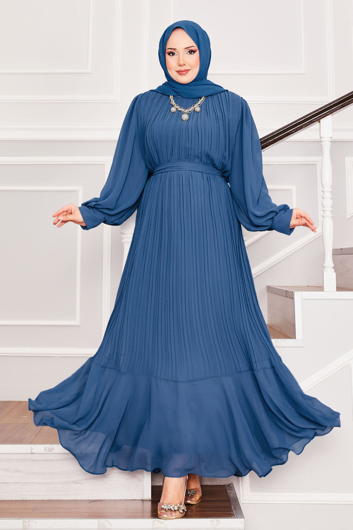 Organza Sleeve Modest Evening Dress Indigo