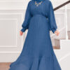 Organza Sleeve Modest Evening Dress Indigo - الصورة 4