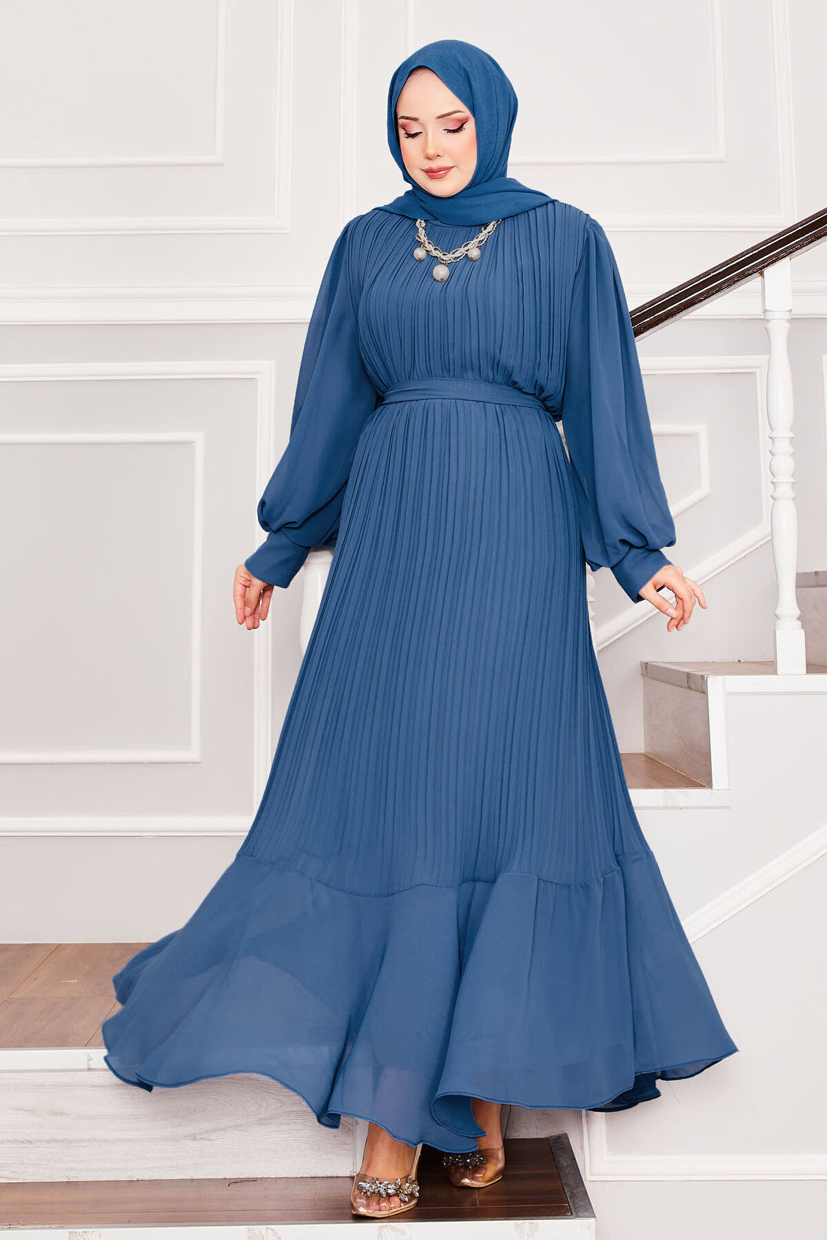 Organza Sleeve Modest Evening Dress Indigo - الصورة 4