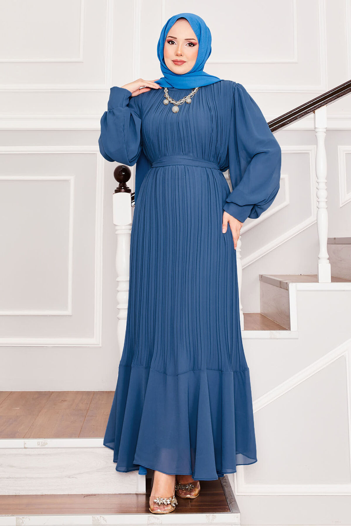 Organza Sleeve Modest Evening Dress Indigo - الصورة 5