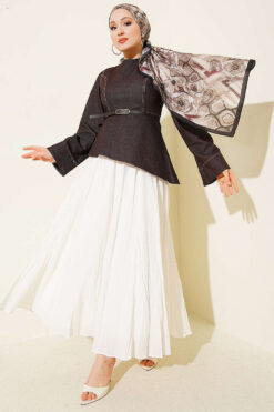 Two-Piece Set with Denim Blouse and Voile Hem Edge Skirt Brown