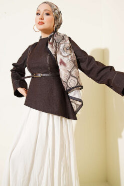 Alternative view of Two-Piece Set with Denim Blouse and Voile Hem Edge Skirt Brown