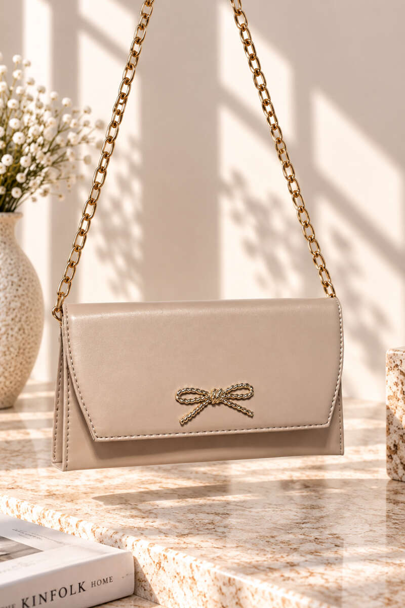 Ribbon Detail Chain Strap Crossbody Bag Beige