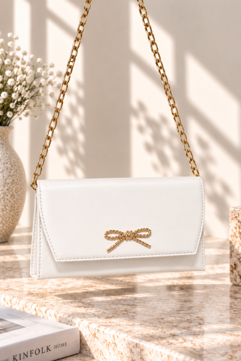 Ribbon Detail Chain Strap Crossbody Bag White