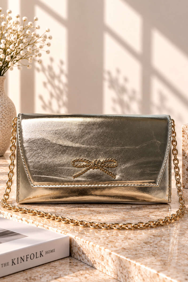 Ribbon Detail Chain Strap Crossbody Bag Gold