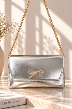 Ribbon Detail Chain Strap Crossbody Bag Silver