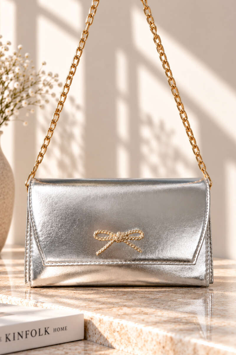 Ribbon Detail Chain Strap Crossbody Bag Silver