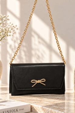 Ribbon Detail Chain Strap Crossbody Bag Black