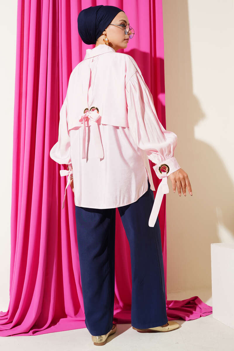 Balloon Sleeve Shirt with Eyelet Detail Pink - Image 3