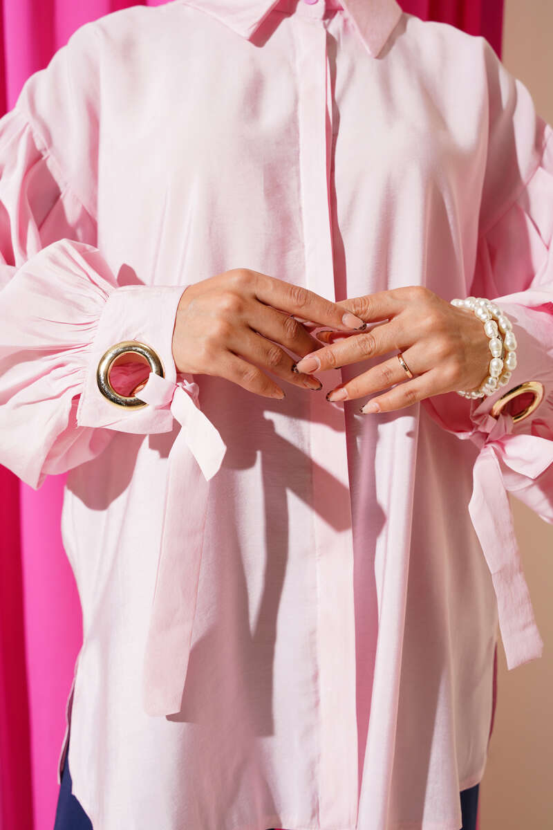 Balloon Sleeve Shirt with Eyelet Detail Pink - Image 4