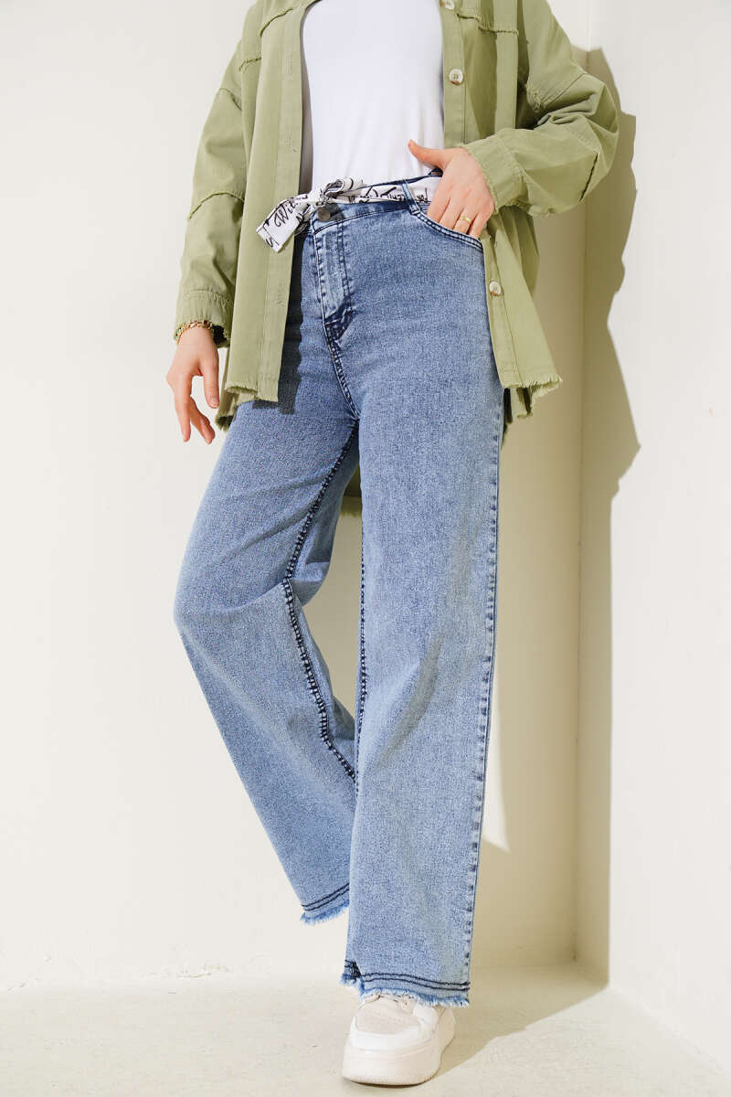 Fringe Hem Belted Denim Pants Light Charcoal – Image 2