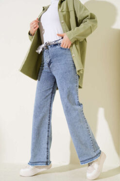 Fringe Hem Belted Denim Pants Light Charcoal