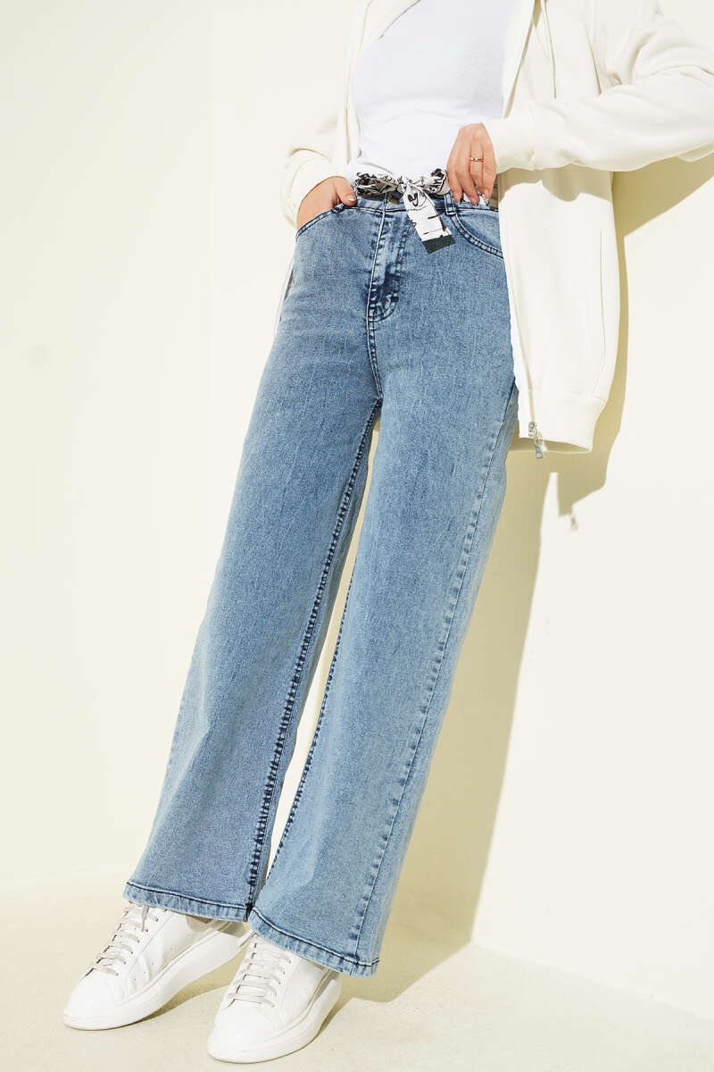Fringe Hem Belted Denim Pants Light Denim – Bild 5