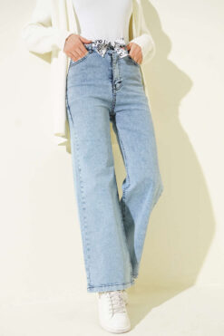 Fringe Hem Belted Denim Pants Light Denim