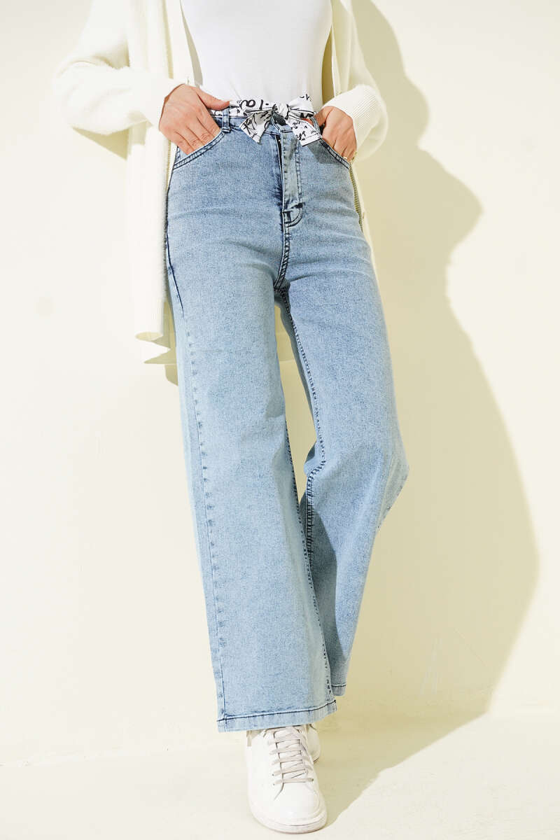 Fringe Hem Belted Denim Pants Light Denim