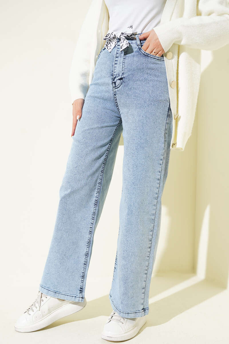 Fringe Hem Belted Denim Pants Light Denim – Bild 2