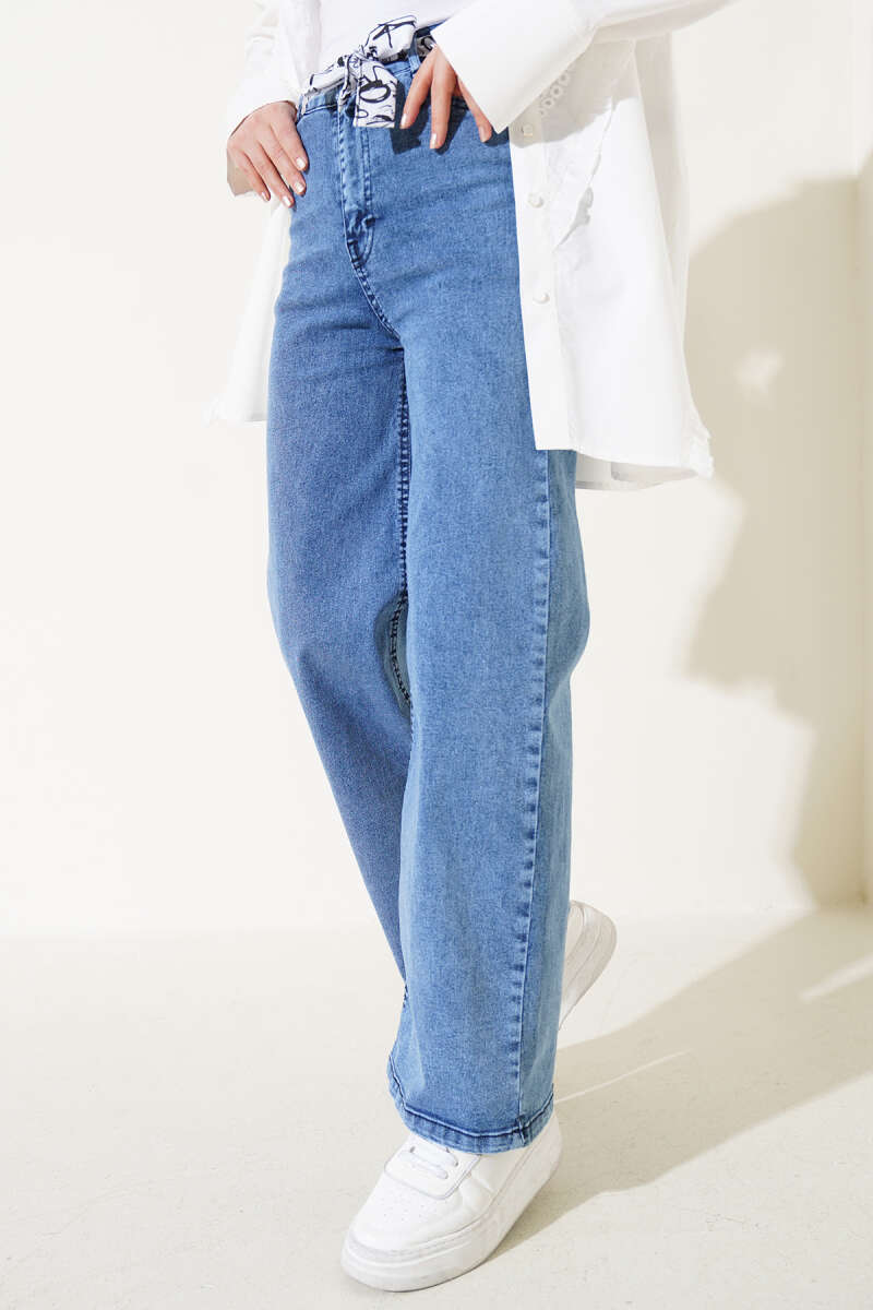 Fringe Hem Belted Denim Pants Light Denim – Bild 7