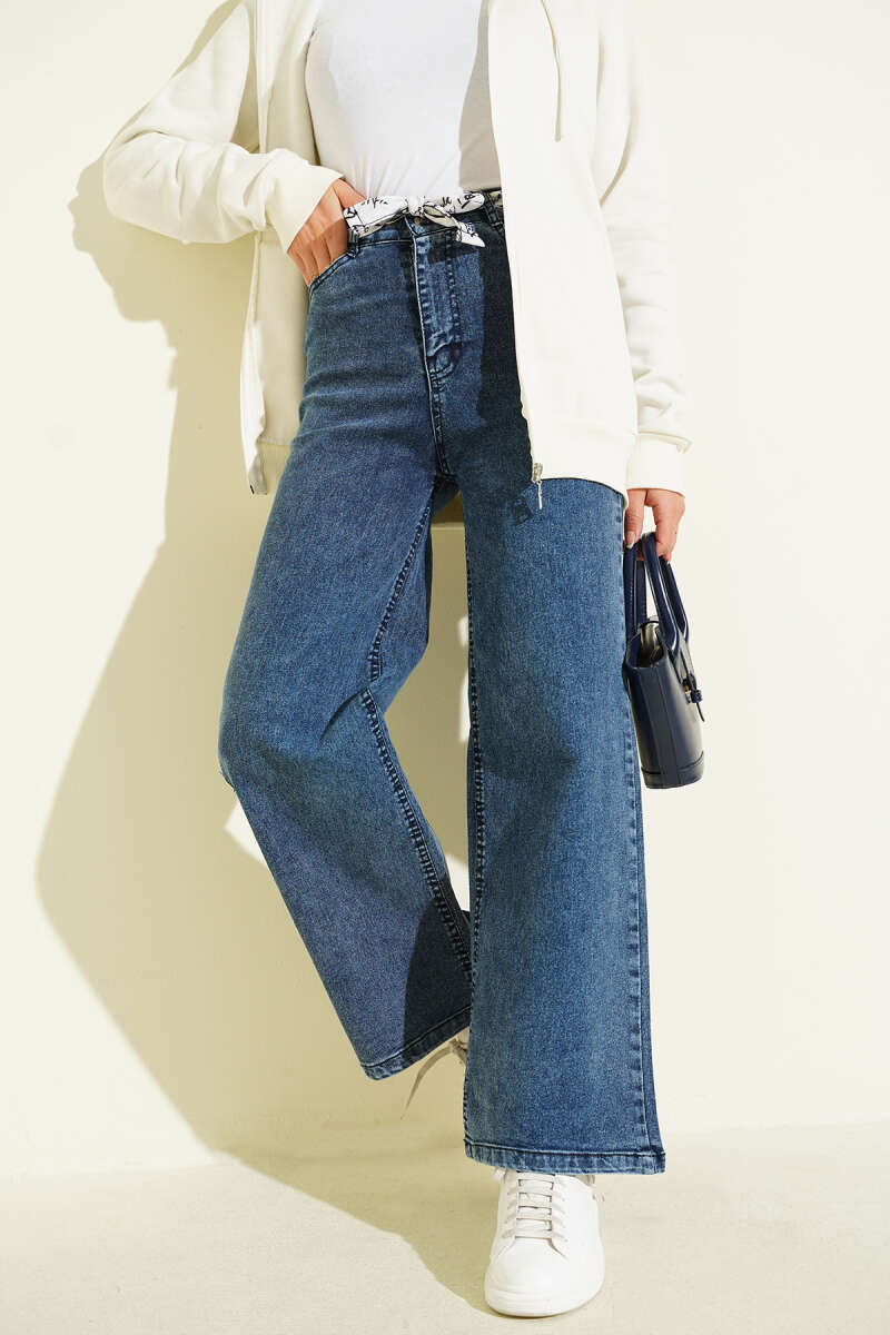 Fringe Hem Belted Denim Pants Light Denim – Bild 9
