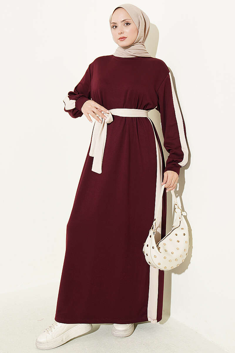 Belted Ribbon-Detail French Terry Dress Burgundy