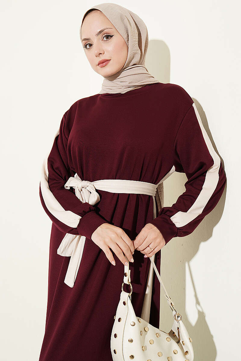 Belted Ribbon-Detail French Terry Dress Burgundy – Bild 2