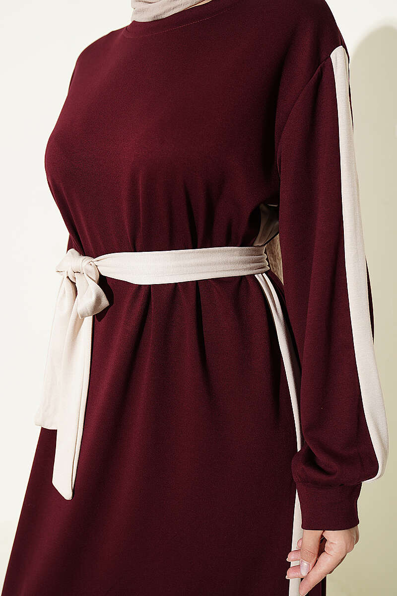 Belted Ribbon-Detail French Terry Dress Burgundy – Bild 4