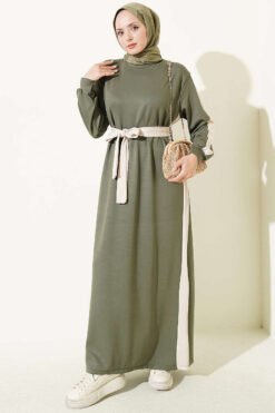 Belted Ribbon-Detail French Terry Dress Khaki
