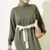 Belted Ribbon-Detail French Terry Dress Khaki - الصورة 2
