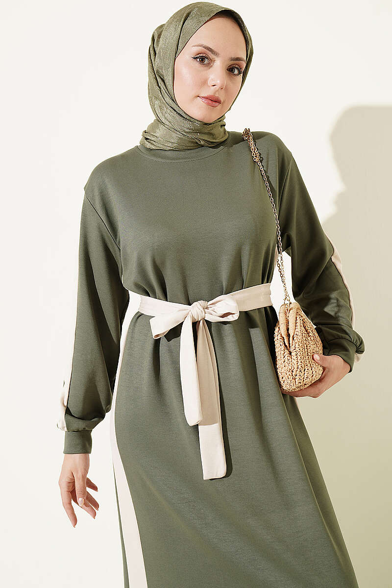 Belted Ribbon-Detail French Terry Dress Khaki - الصورة 2