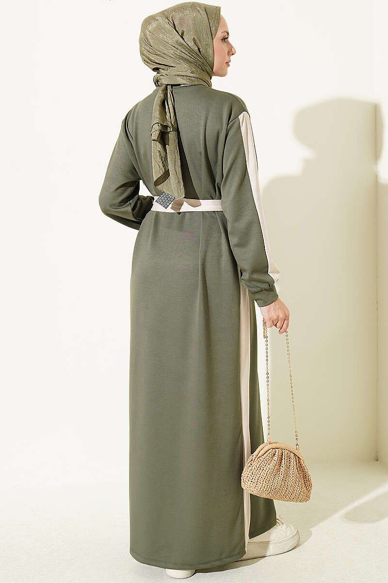 Belted Ribbon-Detail French Terry Dress Khaki - الصورة 3