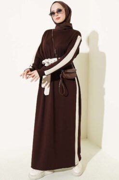 Belted Ribbon-Detail French Terry Dress Brown