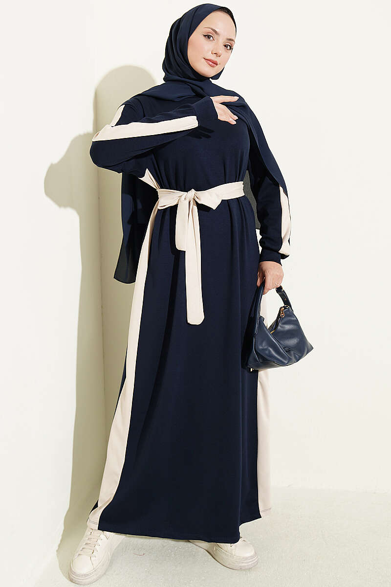 Belted Ribbon-Detail French Terry Dress Navy Blue