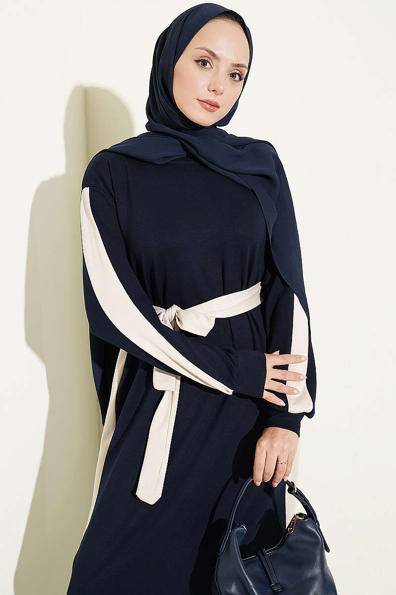 Belted Ribbon-Detail French Terry Dress Navy Blue - الصورة 2