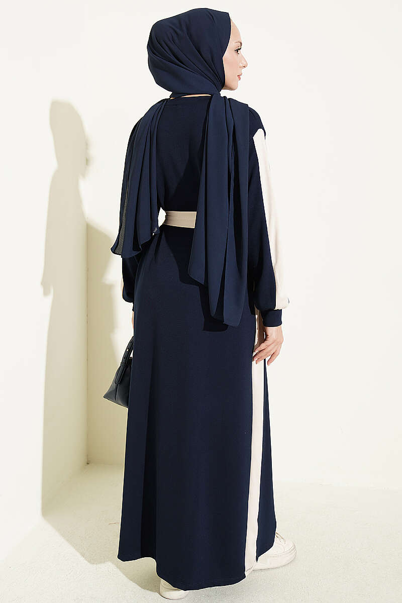 Belted Ribbon-Detail French Terry Dress Navy Blue - الصورة 3
