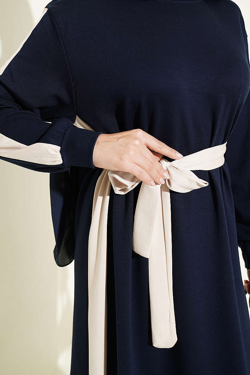 Belted Ribbon-Detail French Terry Dress Navy Blue - الصورة 4