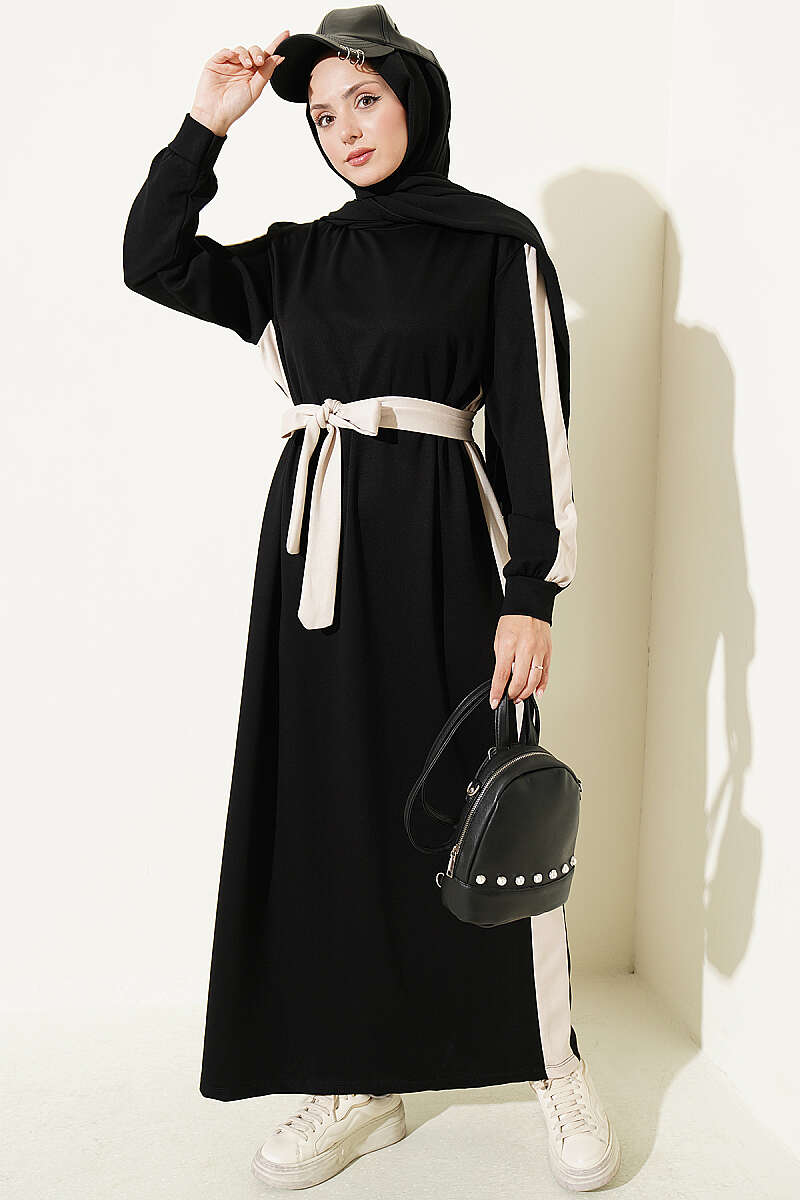 Belted Ribbon-Detail French Terry Dress Black