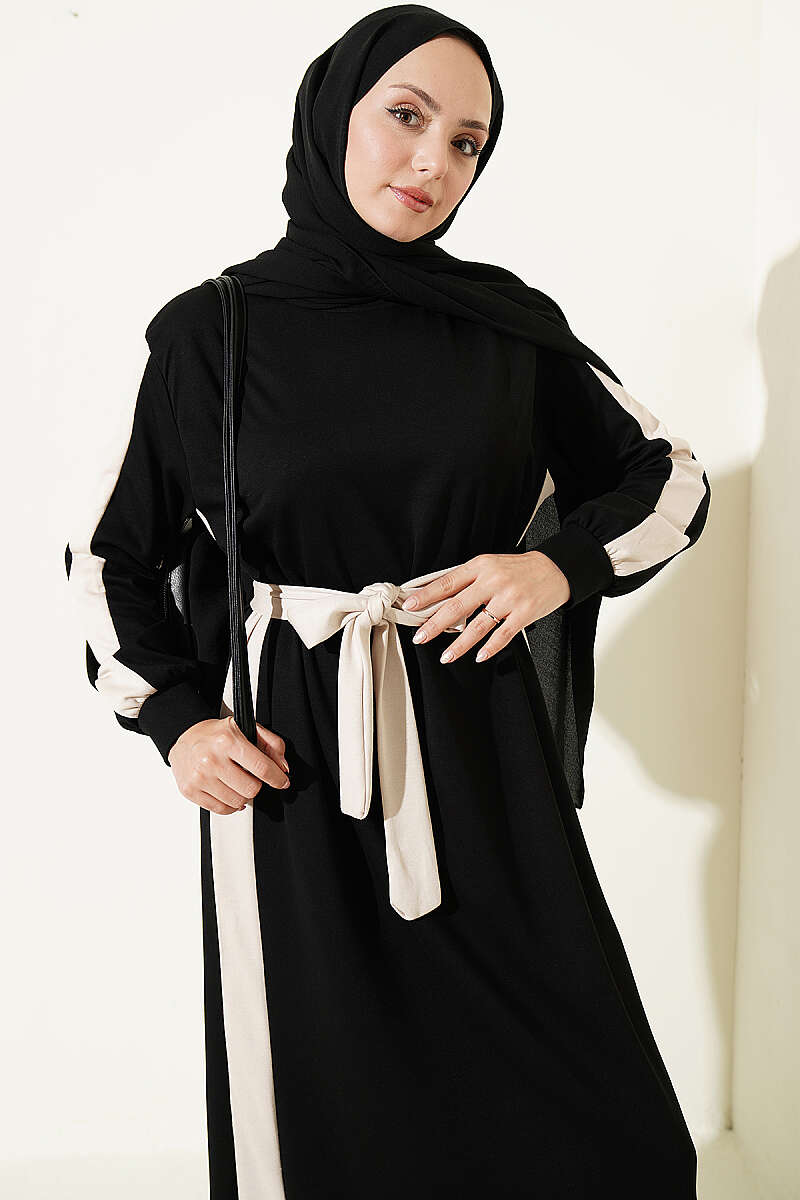 Belted Ribbon-Detail French Terry Dress Black - الصورة 2