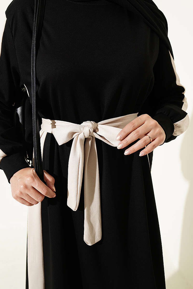 Belted Ribbon-Detail French Terry Dress Black - الصورة 4