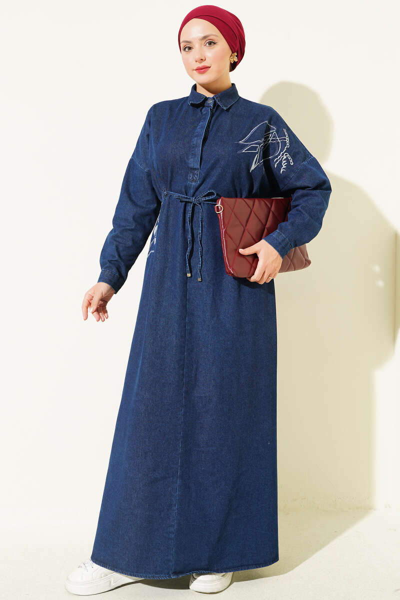 Lace Embroidered Waistband French Terry Dress with Denim Fabric Dark Blue