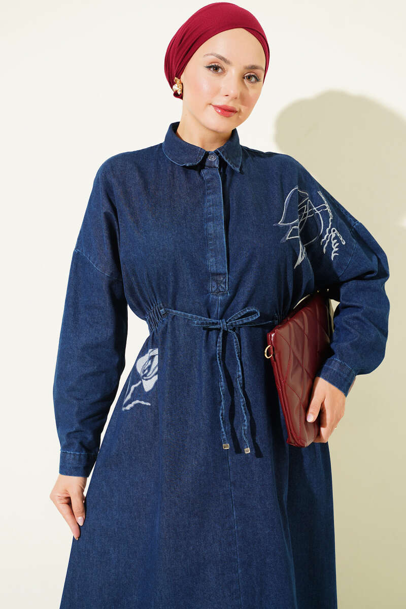Lace Embroidered Waistband French Terry Dress with Denim Fabric Dark Blue - الصورة 2
