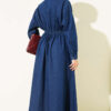 Lace Embroidered Waistband French Terry Dress with Denim Fabric Dark Blue - الصورة 3