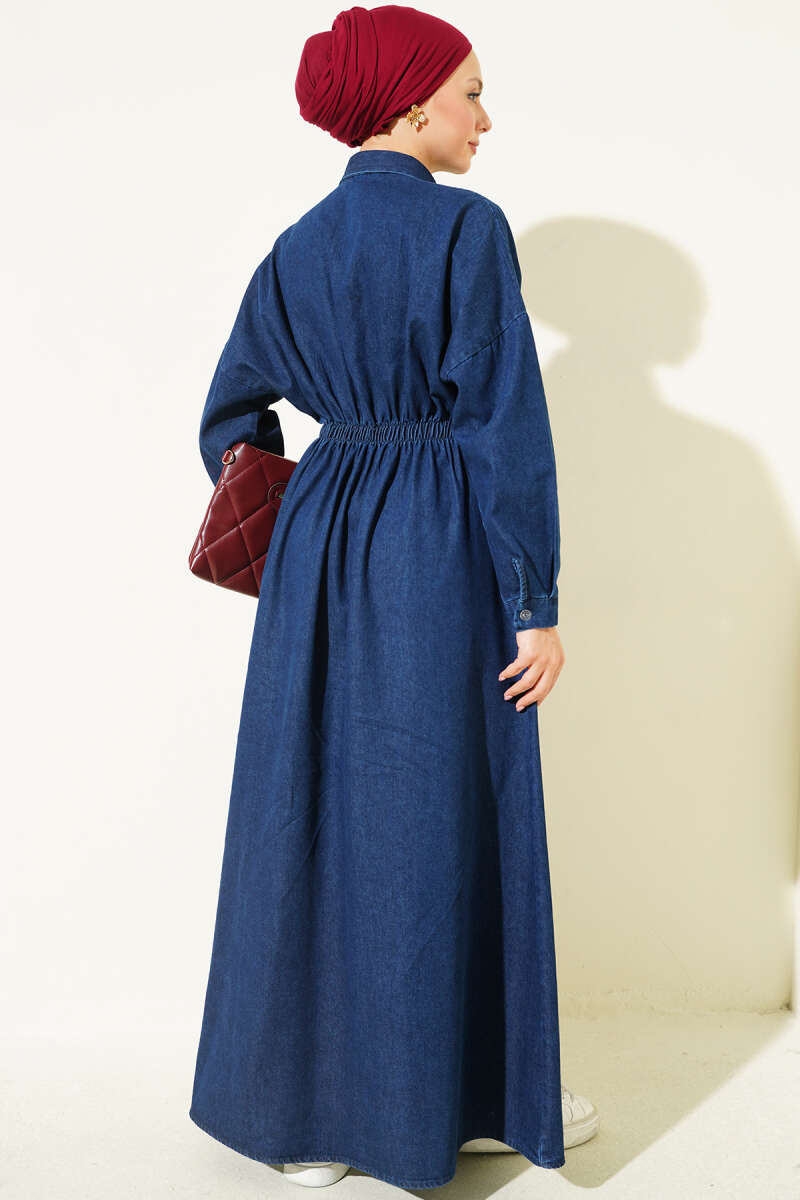 Lace Embroidered Waistband French Terry Dress with Denim Fabric Dark Blue - الصورة 3