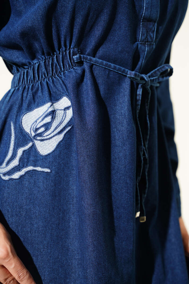 Lace Embroidered Waistband French Terry Dress with Denim Fabric Dark Blue - الصورة 4