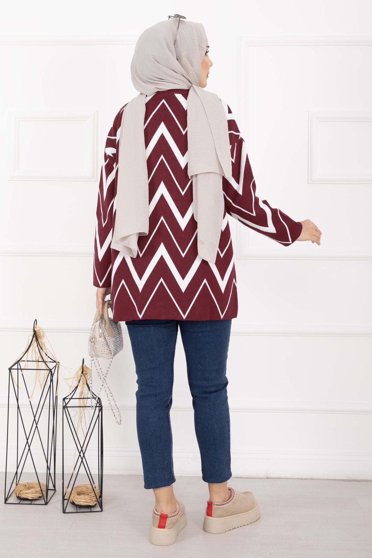 Lavin Zigzag Patterned Knit Sweater Burgundy – Image 5