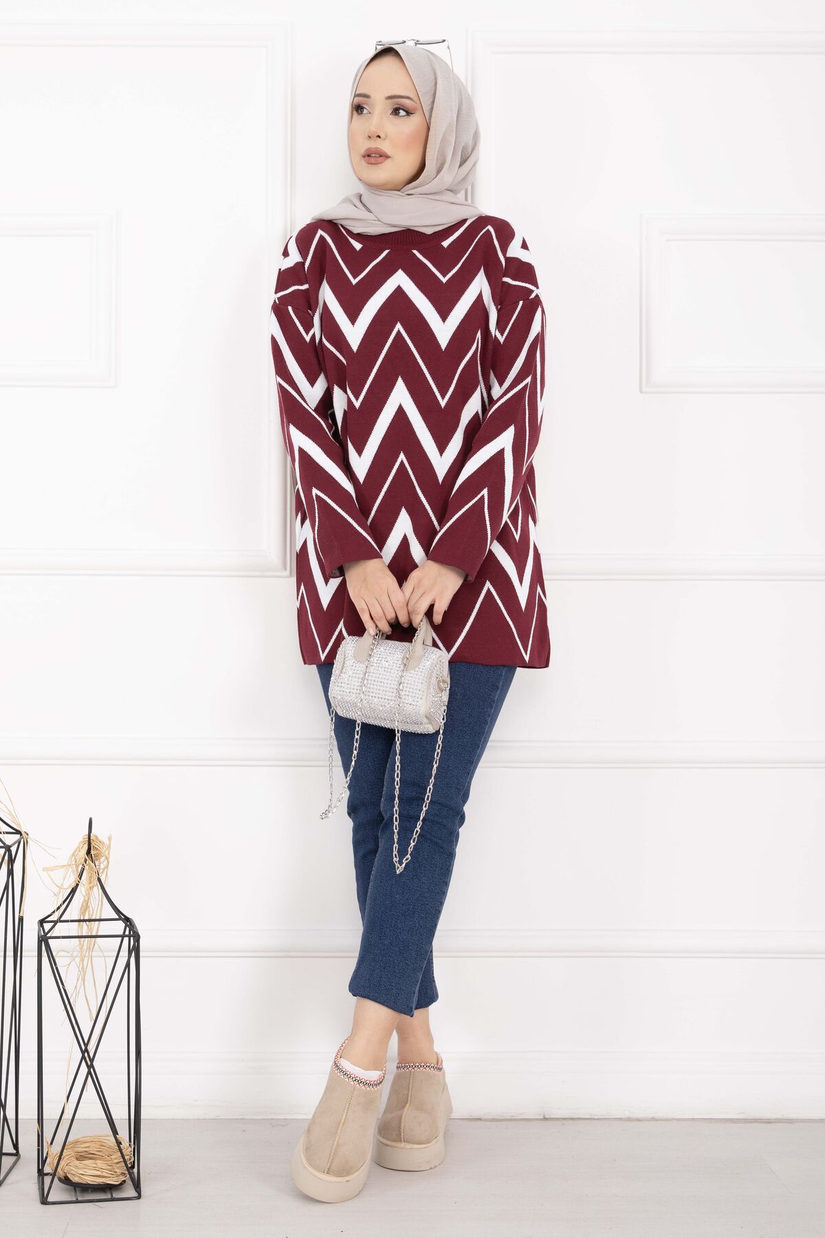 Lavin Zigzag Patterned Knit Sweater Burgundy – Image 3