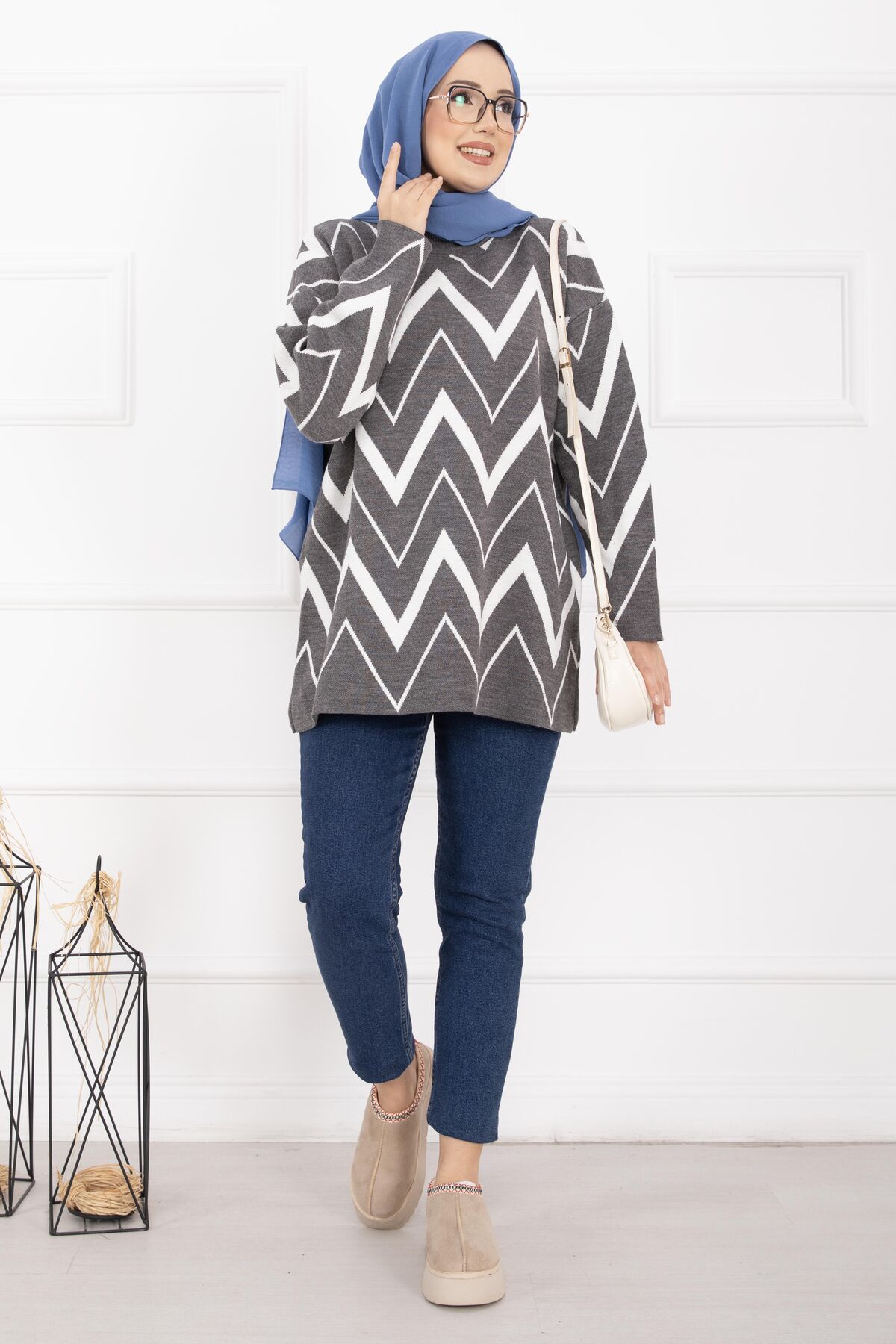 Lavin Zigzag Patterned Knit Sweater Grey – Image 5
