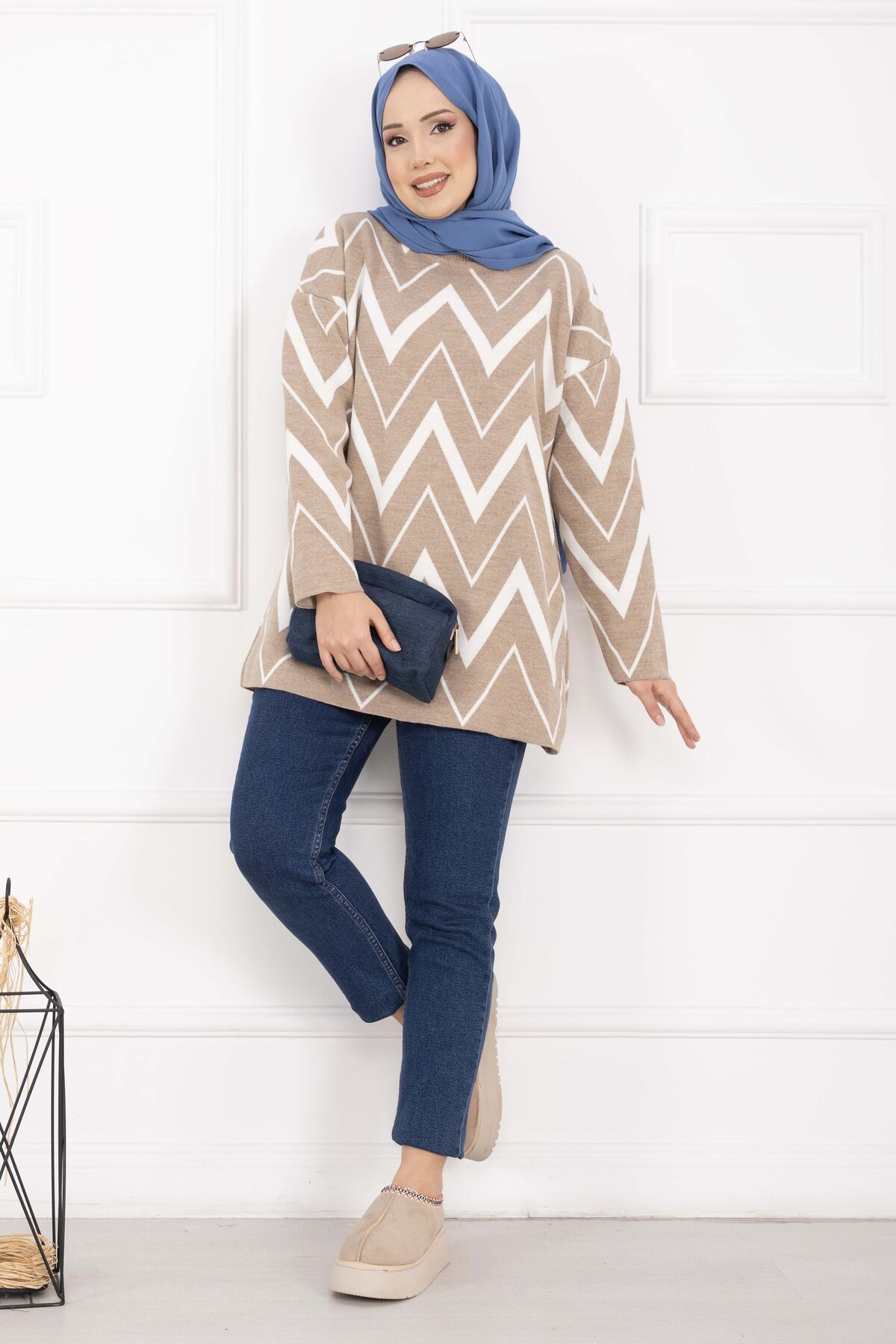 Lavin Zigzag Patterned Knit Sweater Brown - Image 7