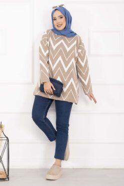 Lavin Zigzag Patterned Knit Sweater Mink