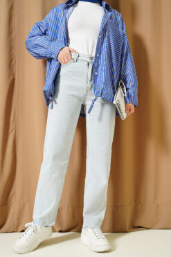 Laser Cut Mom Fit Denim Pants Ice Blue