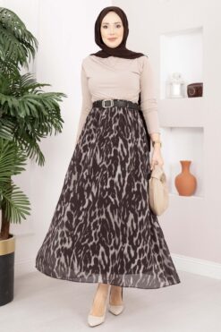 Leopard Print Chiffon Skirt with Belt Brown